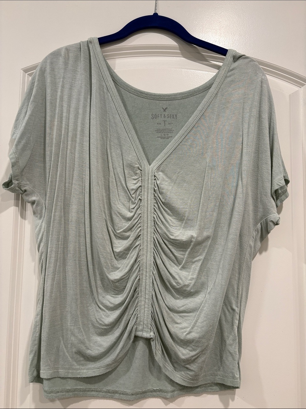 American Eagle Outfitters Sage Ruched V‑Neck Short Sleeve Top